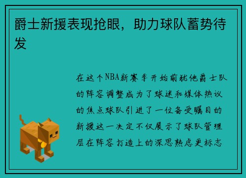 爵士新援表现抢眼，助力球队蓄势待发